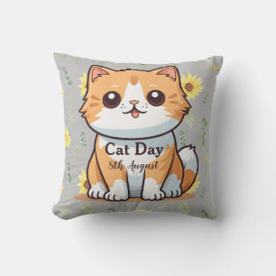 Happy International Cat Day Orange Tabby Sunflower Cushion