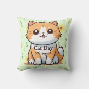 Happy International Cat Day Orange Tabby Sunflower Cushion