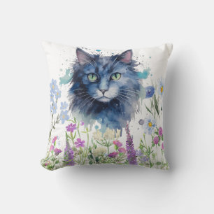 Happy International Cat Day Watercolor Wildflower Cushion