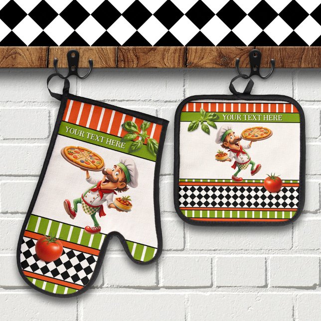 Happy Italian Pizza Baker Oven Mitt & Pot Holder Set (Oven mitt and pot holder set showing a whimsical illustration of a pizza baker with tomato and basil)