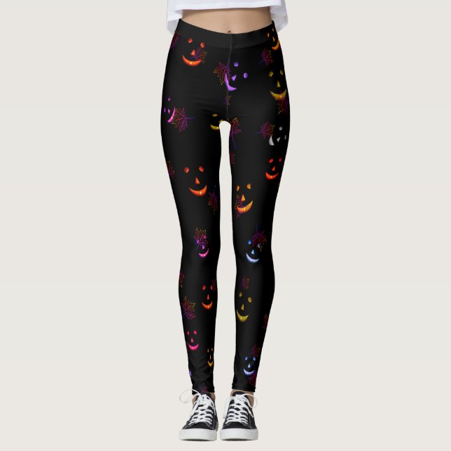 Happy Jack-o'-lantern Fall Leaves Vibrant Neon Hue Leggings (Front)