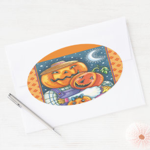 HAPPY JACK O LANTERN FAMILY, COLORFUL AND CUTE OVAL STICKER