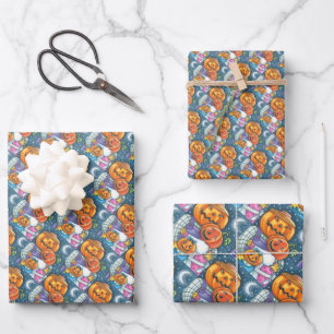 HAPPY JACK O LANTERN FAMILY, COLORFUL AND CUTE WRAPPING PAPER SHEET