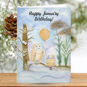Happy January Birthday Barred Owl with Cake Card