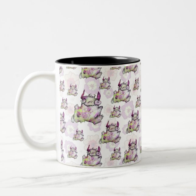 Happy jogging magical monster creature Two-Tone coffee mug (Left)