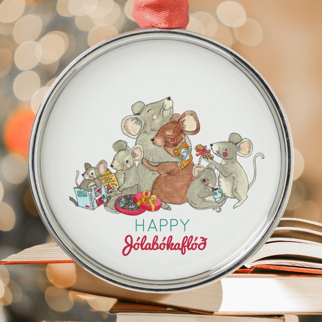 Happy Jolabokaflod Mouse Family Christmas Ceramic  Metal Ornament (Creator Uploaded)