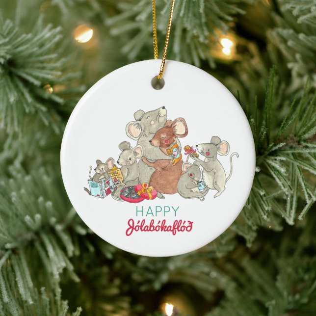 Happy Jolabokaflod Mouse Family Christmas Ceramic Ornament (Tree)