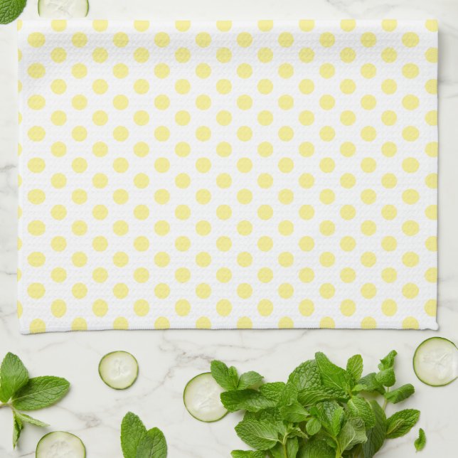 Happy Joyful Cheerful Yellow Polkadots on White Tea Towel (Folded)