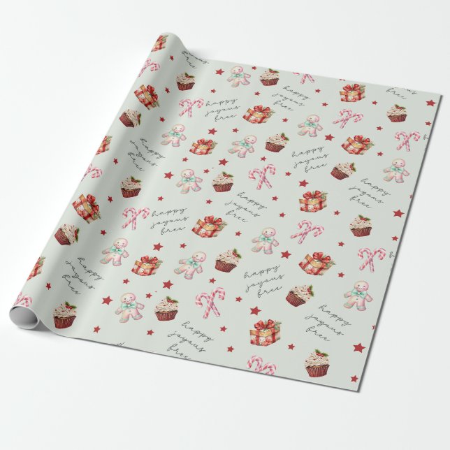 Happy Joyous Free Cute Christmas Gift Wrapping Paper (Unrolled)