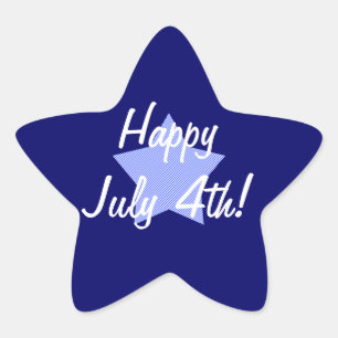 "Happy July 4th!" - Blue and White Striped Star Sticker