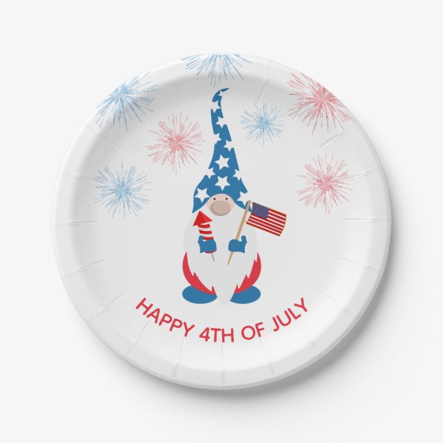 Happy July 4th Cute Gnome Fireworks Paper Plate (Front)