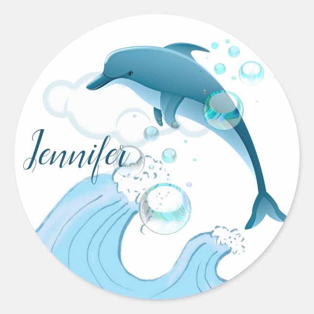 Happy Jumping Dolphin with Bubbles Classic Round Sticker (Front)