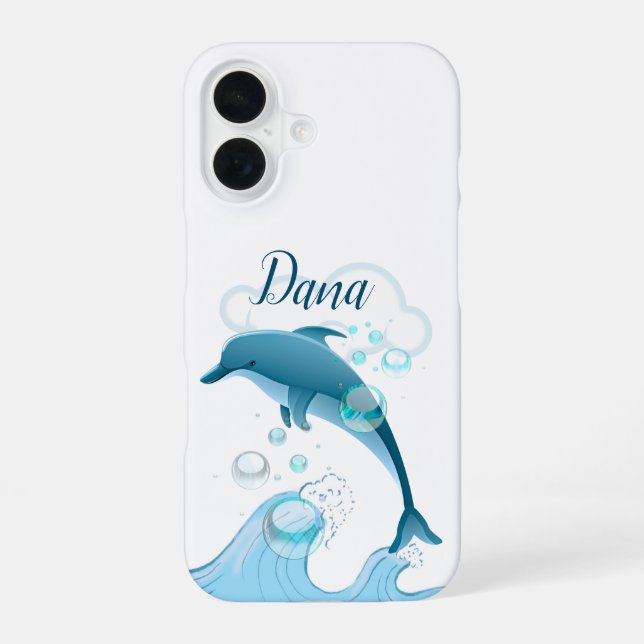 Happy Jumping Dolphin with Bubbles iPhone 16 Case (Back)