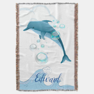 Happy Jumping Dolphin with Bubbles Throw Blanket