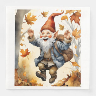 Happy Jumping Gnome in Fall Leaves Napkin
