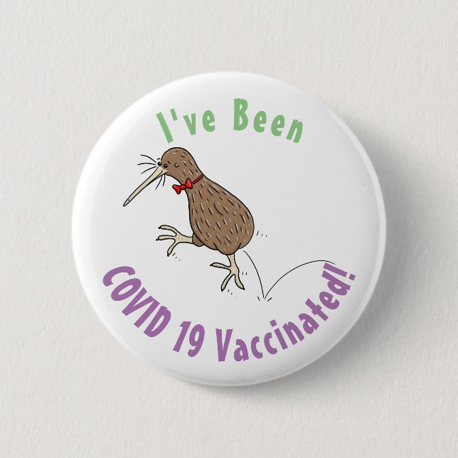 Happy jumping kiwi with bow tie cartoon design 6 cm round badge (Front)