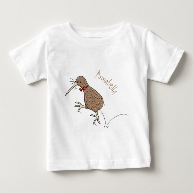 Happy jumping kiwi with bow tie cartoon design baby T-Shirt (Front)