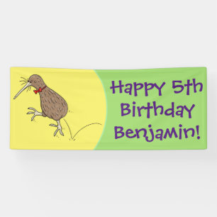 Happy jumping kiwi with bow tie cartoon design banner