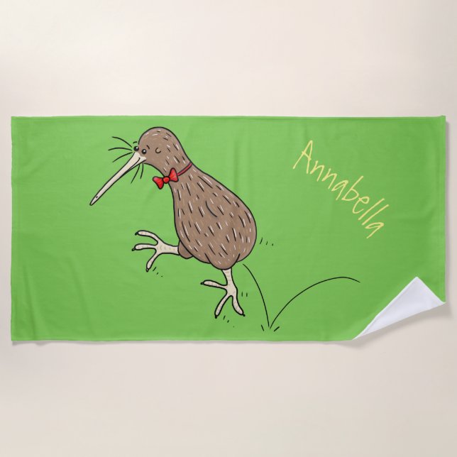 Happy jumping kiwi with bow tie cartoon design beach towel (Front)