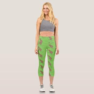 Happy jumping kiwi with bow tie cartoon design capri leggings
