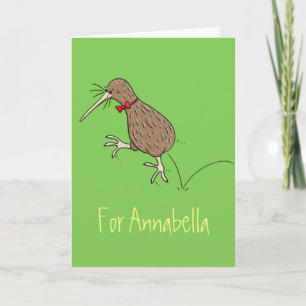 Happy jumping kiwi with bow tie cartoon design card
