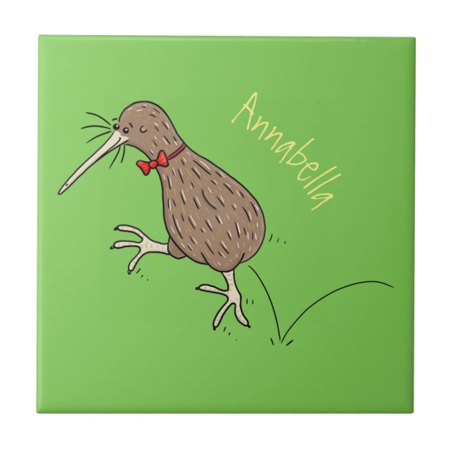 Happy jumping kiwi with bow tie cartoon design ceramic tile (Front)