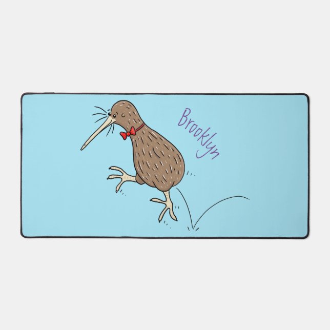 Happy jumping kiwi with bow tie cartoon design desk mat (Front)