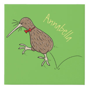 Happy jumping kiwi with bow tie cartoon design faux canvas print