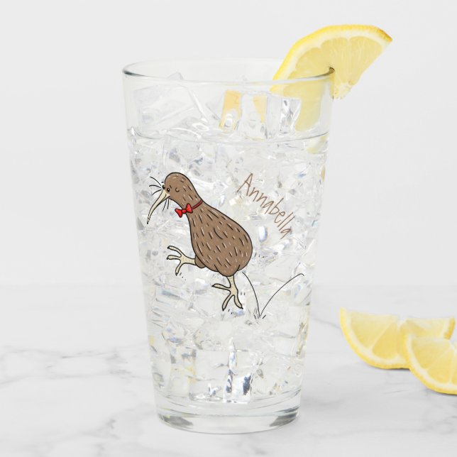 Happy jumping kiwi with bow tie cartoon design glass (Back Ice)