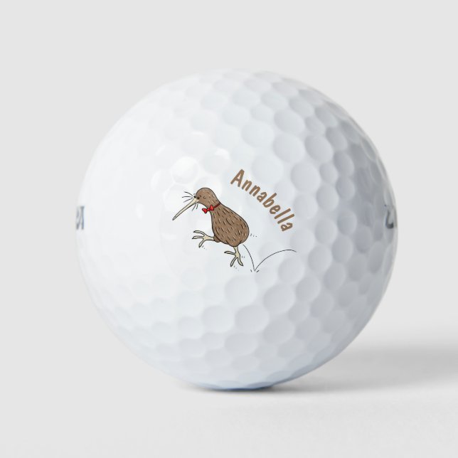 Happy jumping kiwi with bow tie cartoon design golf balls (Front)