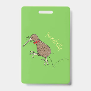 Happy jumping kiwi with bow tie cartoon design ID badge