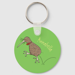 Happy jumping kiwi with bow tie cartoon design key ring