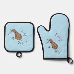 Happy jumping kiwi with bow tie cartoon design oven mitt & pot holder set