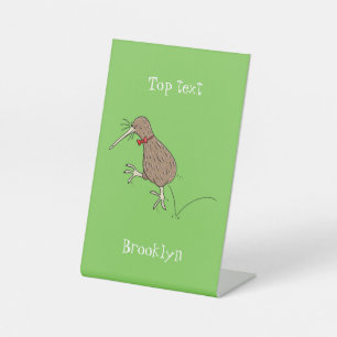 Happy jumping kiwi with bow tie cartoon design pedestal sign