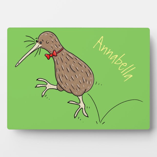 Happy jumping kiwi with bow tie cartoon design plaque (Front)