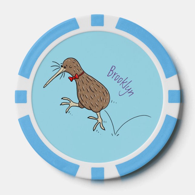 Happy jumping kiwi with bow tie cartoon design poker chips (Front)