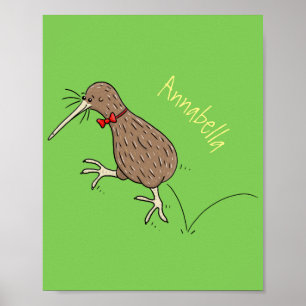 Happy jumping kiwi with bow tie cartoon design poster