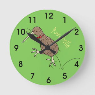 Happy jumping kiwi with bow tie cartoon design round clock