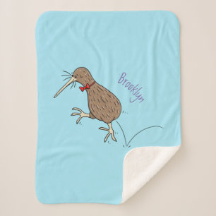 Happy jumping kiwi with bow tie cartoon design sherpa blanket