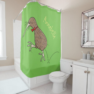 Happy jumping kiwi with bow tie cartoon design shower curtain