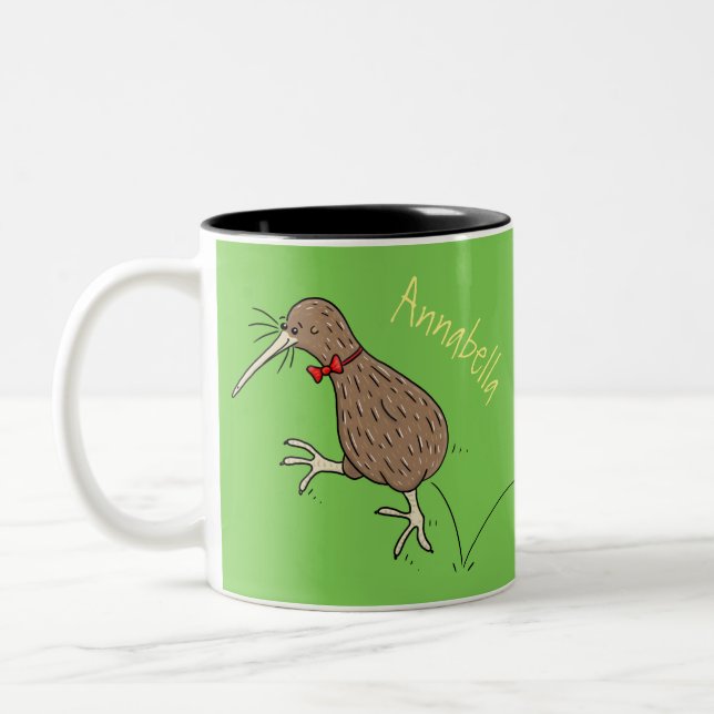 Happy jumping kiwi with bow tie cartoon design Two-Tone coffee mug (Left)