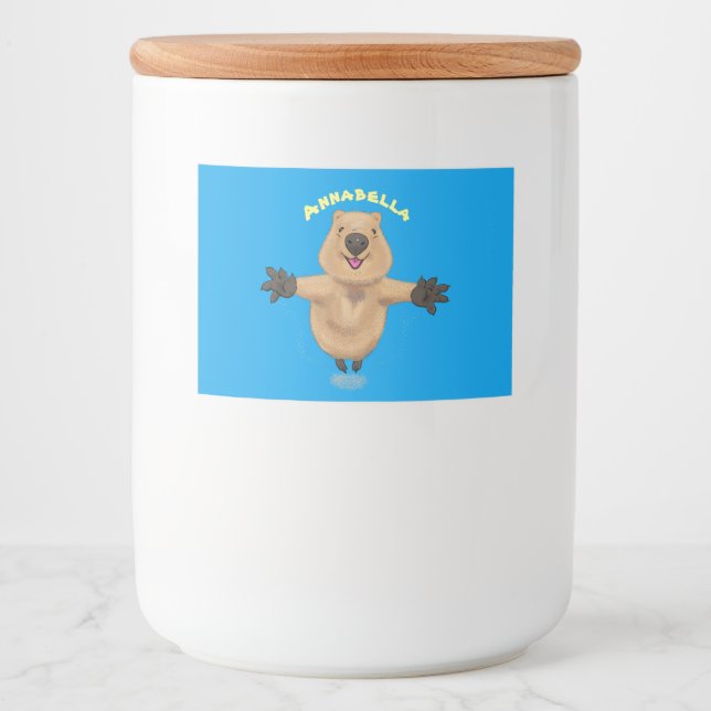 Happy jumping quokka cartoon design food label (Front)