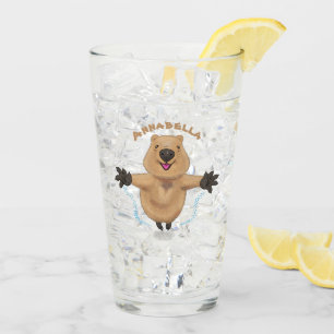 Happy jumping quokka cartoon design glass