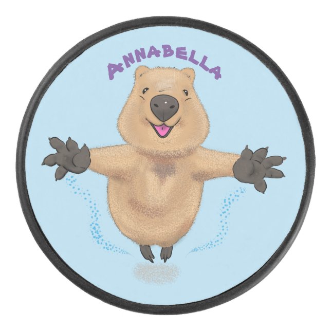 Happy jumping quokka cartoon design hockey puck (Front)