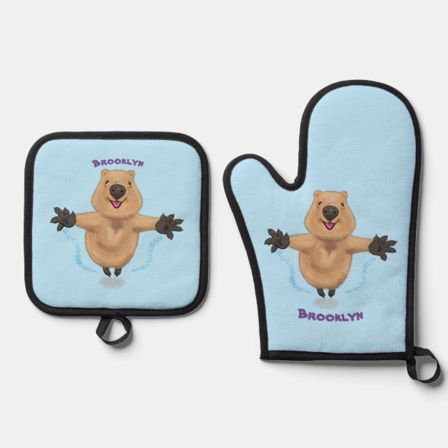 Happy jumping quokka cartoon design oven mitt & pot holder set (Front)