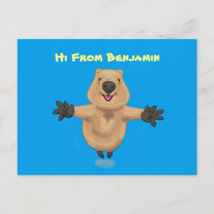 Happy jumping quokka cartoon design postcard