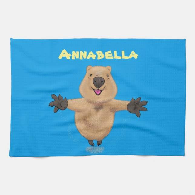 Happy jumping quokka cartoon design tea towel (Horizontal)