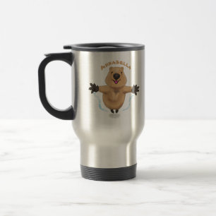 Happy jumping quokka cartoon design travel mug