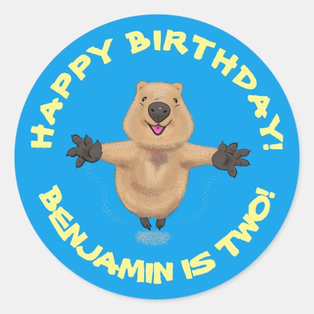 Happy jumping quokka personalised cartoon birthday classic round sticker (Front)