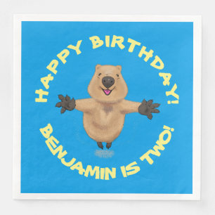 Happy jumping quokka personalised cartoon birthday napkin